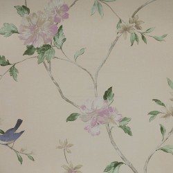 Papel de parede, floral com pássaros, colorido com fundo bege